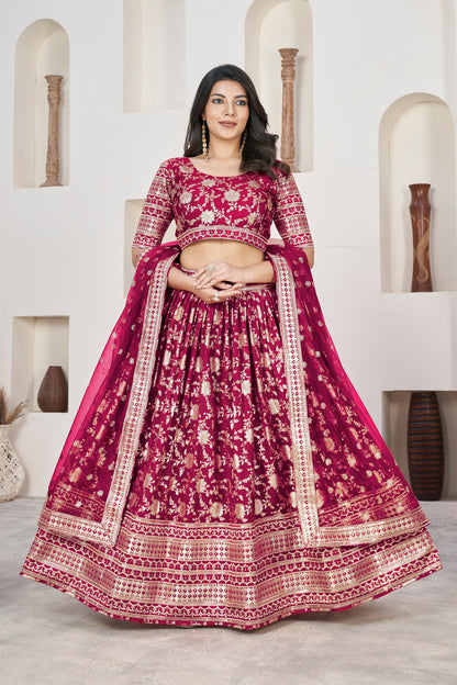 Vibrant Rani Pink Dola Jacquard Lehenga with Zari & Sequin Work