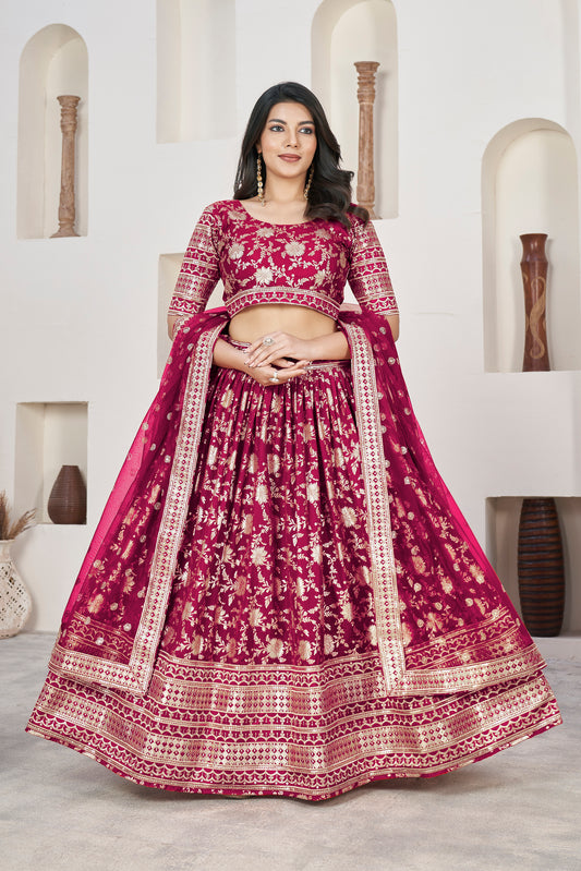 Vibrant Rani Pink Dola Jacquard Lehenga with Zari & Sequin Work