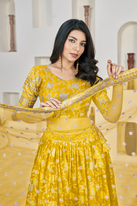 Golden Yellow Dola Jacquard Lehenga with Zari & Sequin Work