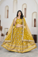 Golden Yellow Dola Jacquard Lehenga with Zari & Sequin Work