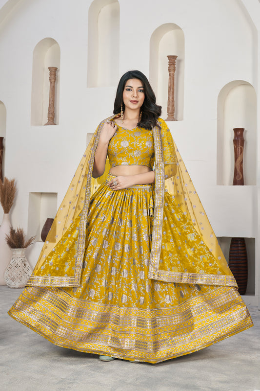 Golden Yellow Dola Jacquard Lehenga with Zari & Sequin Work