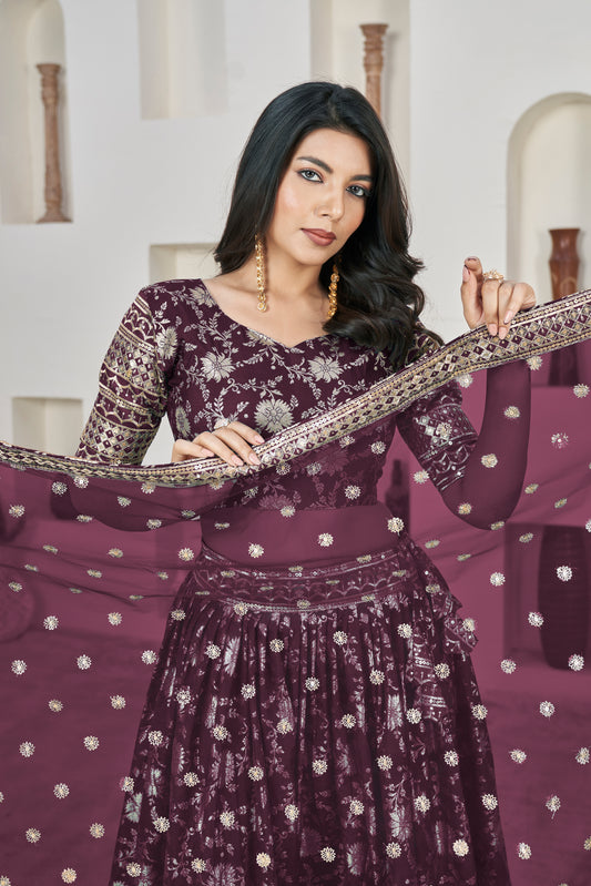 Regal Wine Dola Jacquard Lehenga with Zari & Sequin Work
