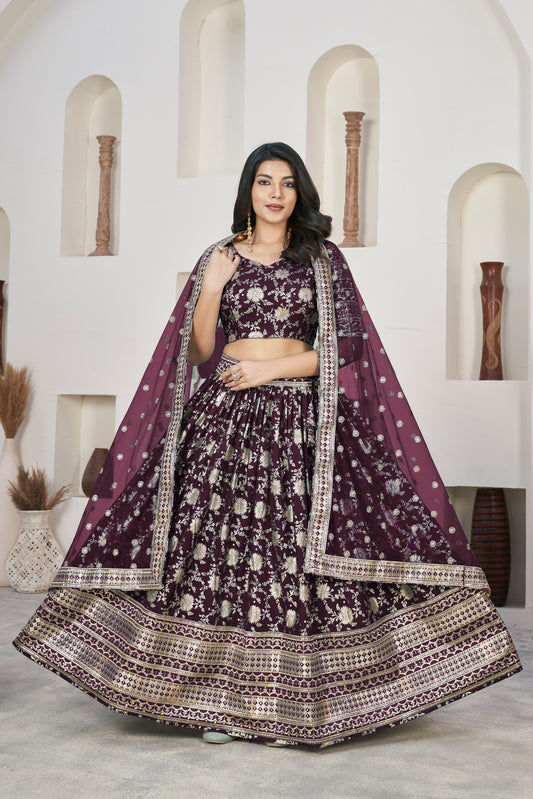 Regal Wine Dola Jacquard Lehenga with Zari & Sequin Work