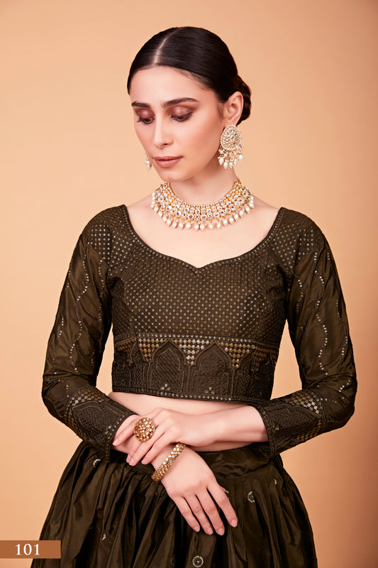 Sparkle & Stitch: Designer Mehndi Green Lehenga Choli Set with Thread and Sequin Embroidery