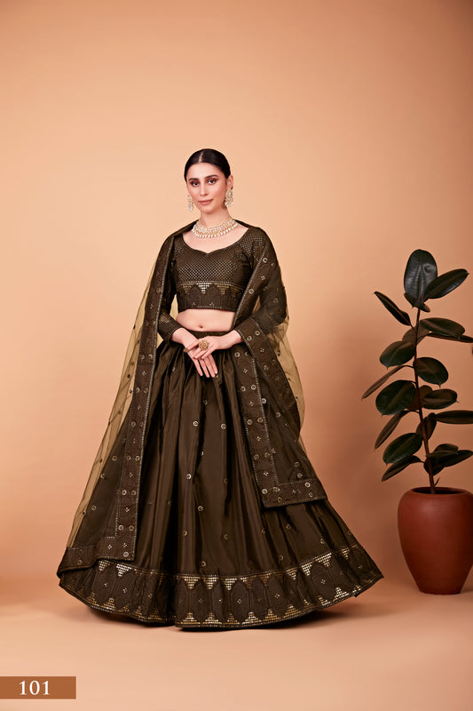 Sparkle & Stitch: Designer Mehndi Green Lehenga Choli Set with Thread and Sequin Embroidery
