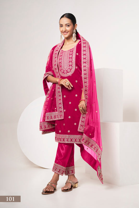 Luxurious Pink Velvet Salwar Kameez Suit with Intricate Embroidery