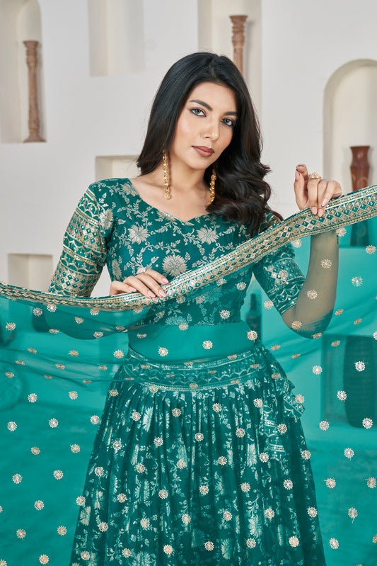 Exquisite Rama Green Dola Jacquard Lehenga with Zari & Sequin Work
