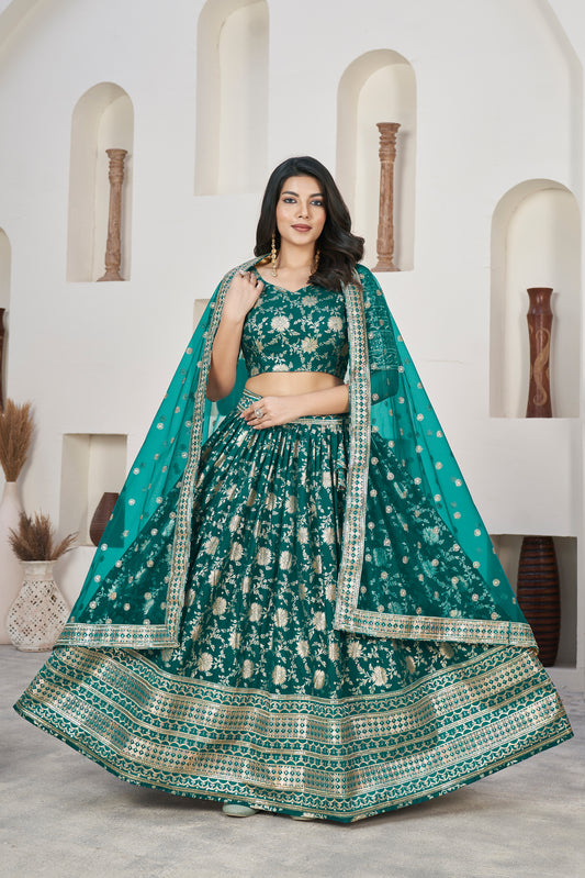 Exquisite Rama Green Dola Jacquard Lehenga with Zari & Sequin Work