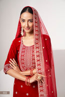Elegant Red Velvet Salwar Kameez Suit with Intricate Embroidery