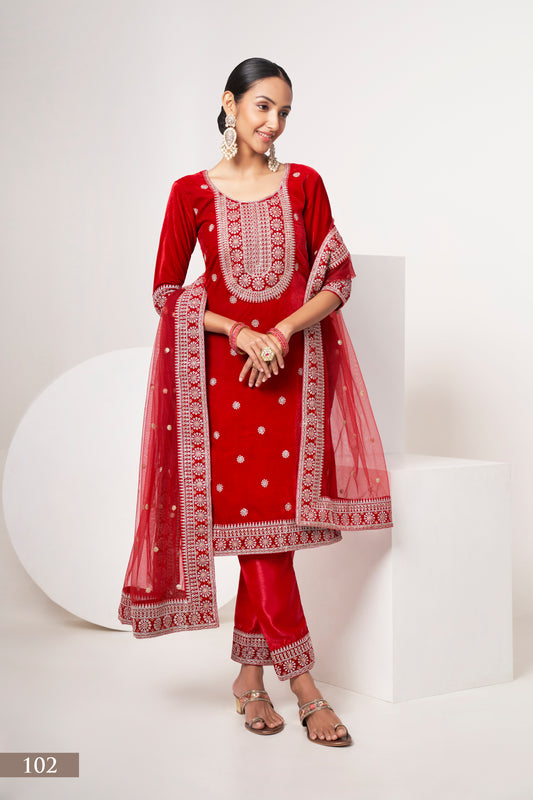 Elegant Red Velvet Salwar Kameez Suit with Intricate Embroidery