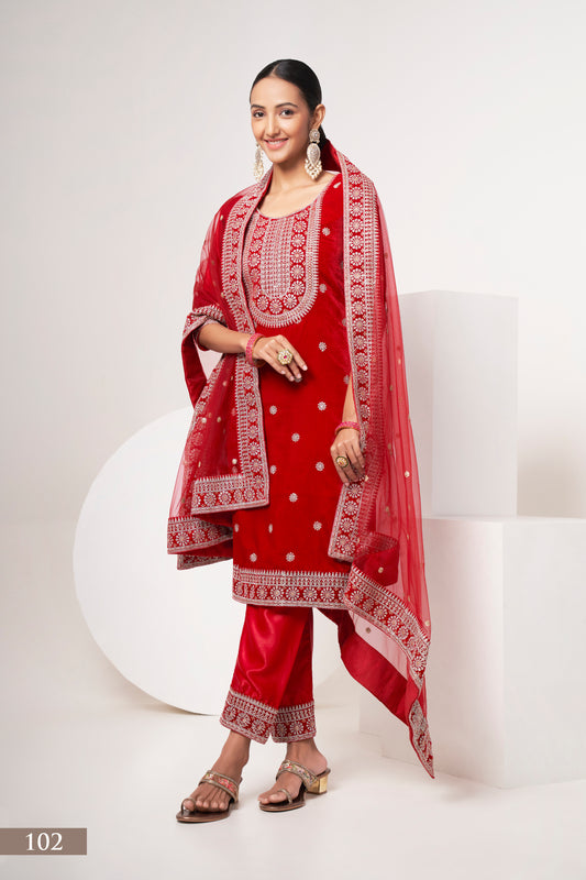 Elegant Red Velvet Salwar Kameez Suit with Intricate Embroidery