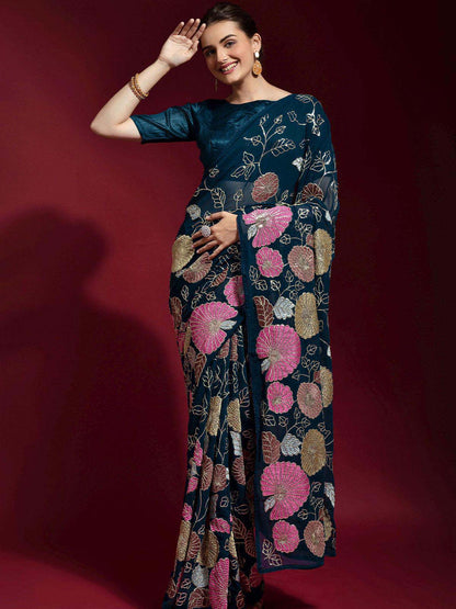 Queen Designer Embroidered Fox Georgette Saree with Banglori Silk Blouse – 8 Color Variants