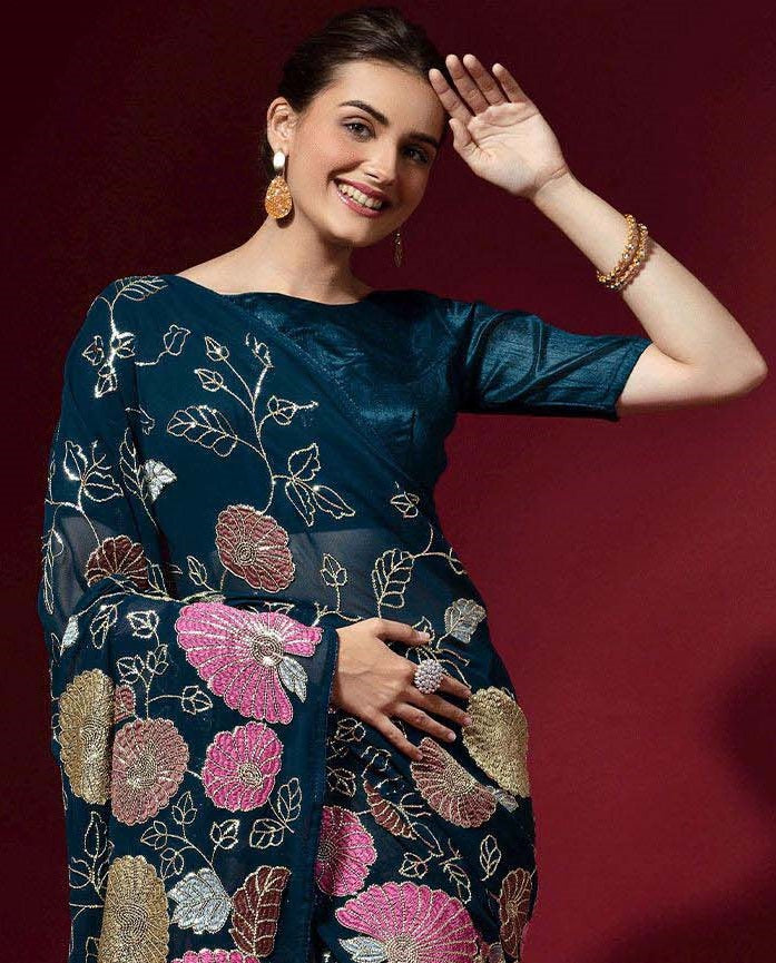 Queen Designer Embroidered Fox Georgette Saree with Banglori Silk Blouse – 8 Color Variants