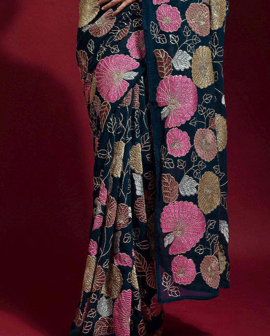 Queen Designer Embroidered Fox Georgette Saree with Banglori Silk Blouse – 8 Color Variants