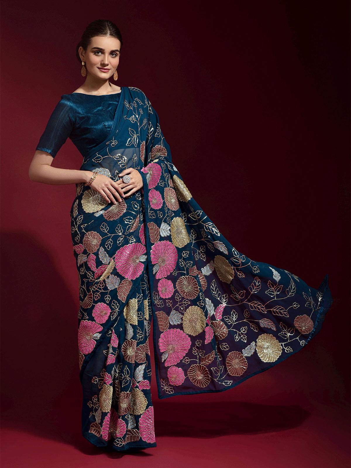 Queen Designer Embroidered Fox Georgette Saree with Banglori Silk Blouse – 8 Color Variants