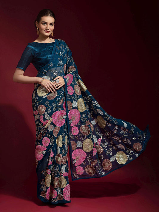 Queen Designer Embroidered Fox Georgette Saree with Banglori Silk Blouse – 8 Color Variants