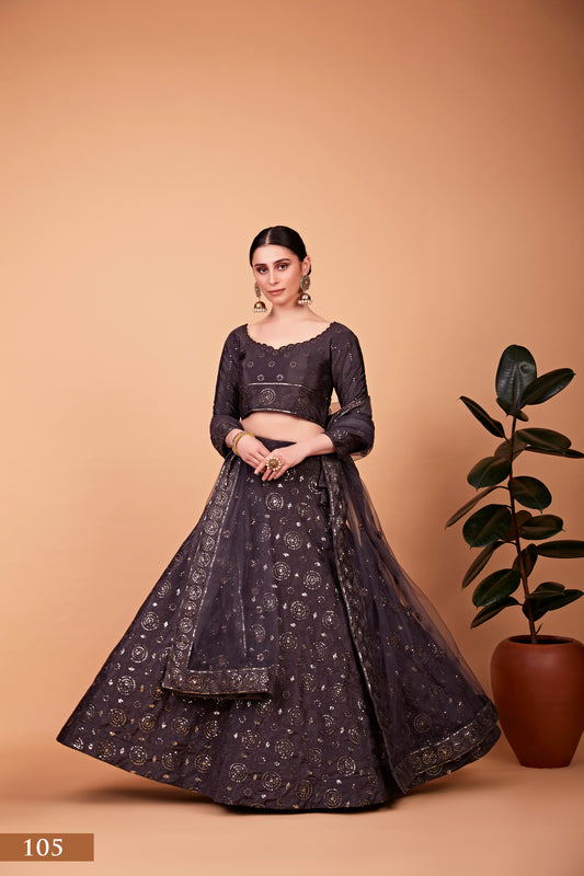 Sparkle & Stitch: Designer Grey Lehenga Choli Set with Thread and Sequin Embroidery