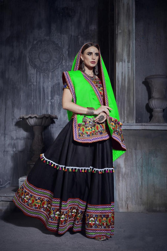 Rajwadi Black Gamthi Embroidered Navratri Chaniya Choli with Neon Green Dupatta