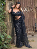 Elegant Black Soft Net Sequin Saree with Unstitched Blouse – Wedding & Party Collection