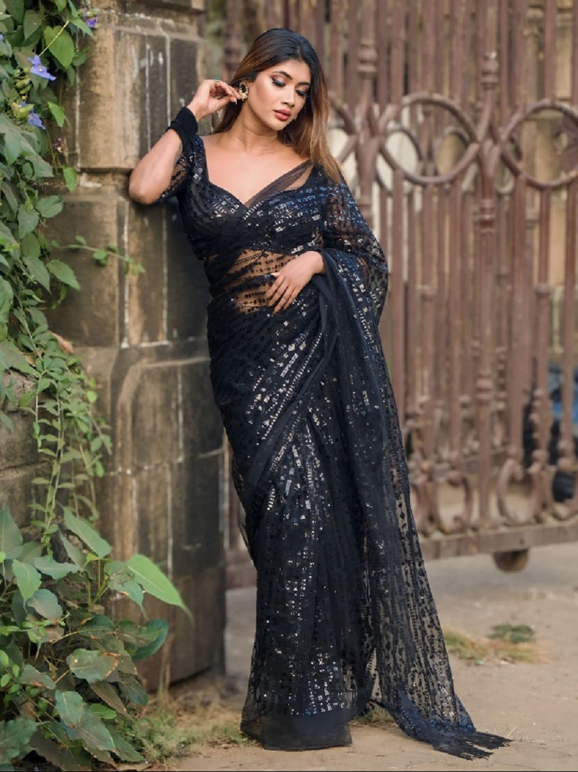 Elegant Black Soft Net Sequin Saree with Unstitched Blouse – Wedding & Party Collection