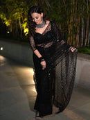Elegant Black Soft Net Sequin Saree with Unstitched Blouse – Wedding & Party Collection