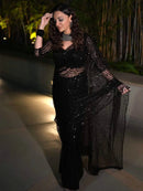 Elegant Black Soft Net Sequin Saree with Unstitched Blouse – Wedding & Party Collection