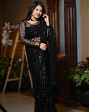 Elegant Black Soft Net Sequin Saree with Unstitched Blouse – Wedding & Party Collection