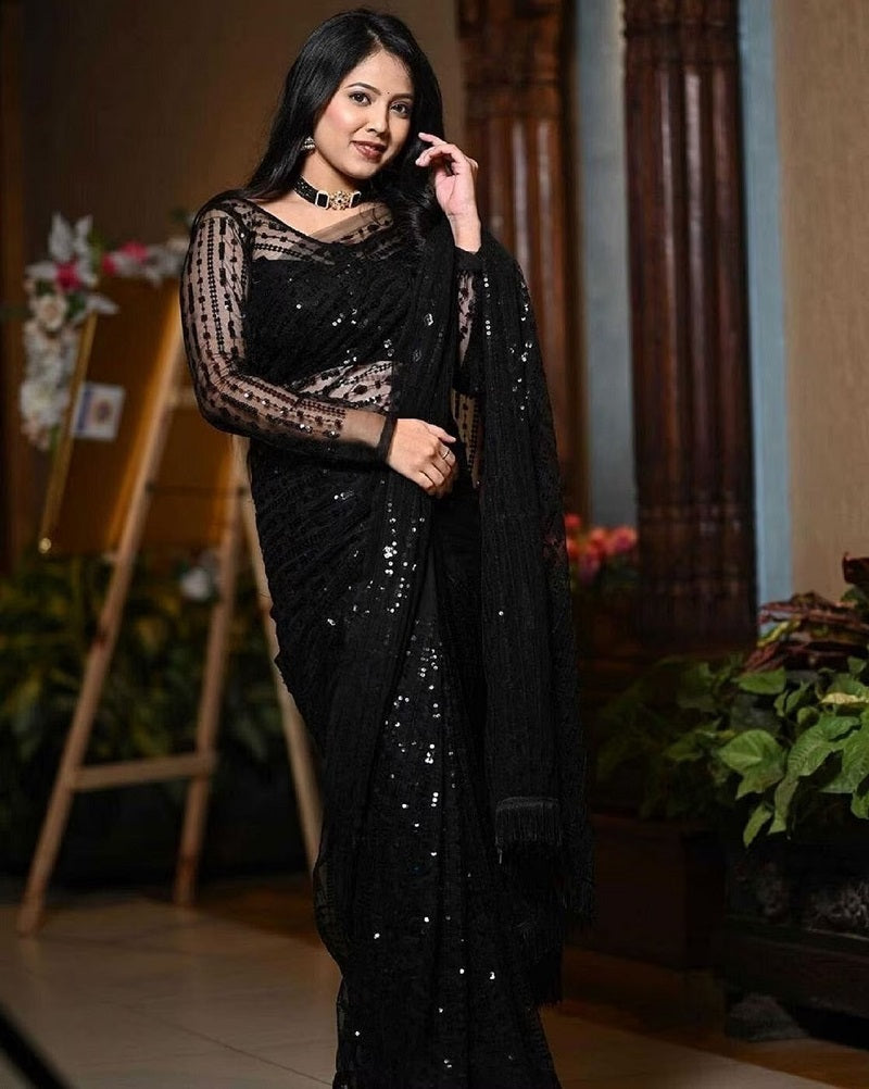 Elegant Black Soft Net Sequin Saree with Unstitched Blouse – Wedding & Party Collection