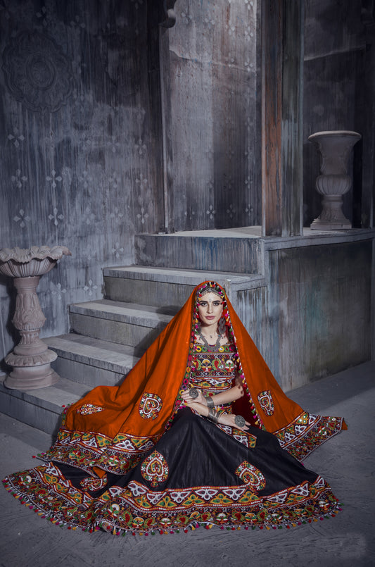 Designer Black & Orange Navratri Chaniya Choli with Traditional Kutchi Mirror & Thread Work