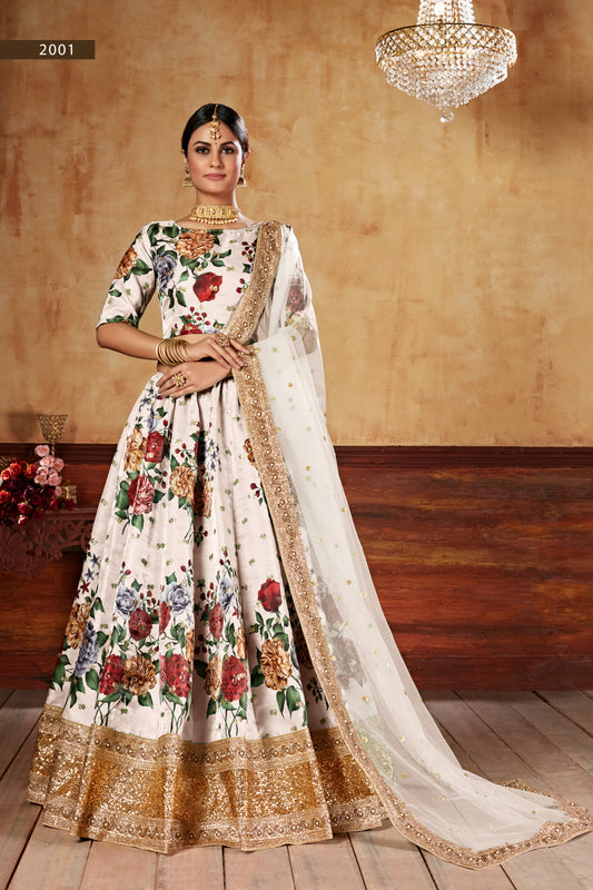 Designer Cream Floral Art Silk Lehenga Choli with Sequin & Pearl Work