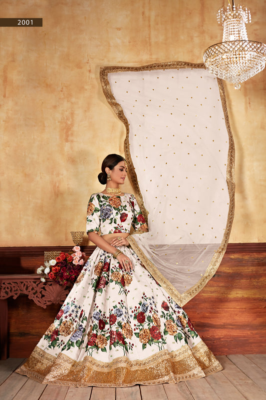 Designer Cream Floral Art Silk Lehenga Choli with Sequin & Pearl Work