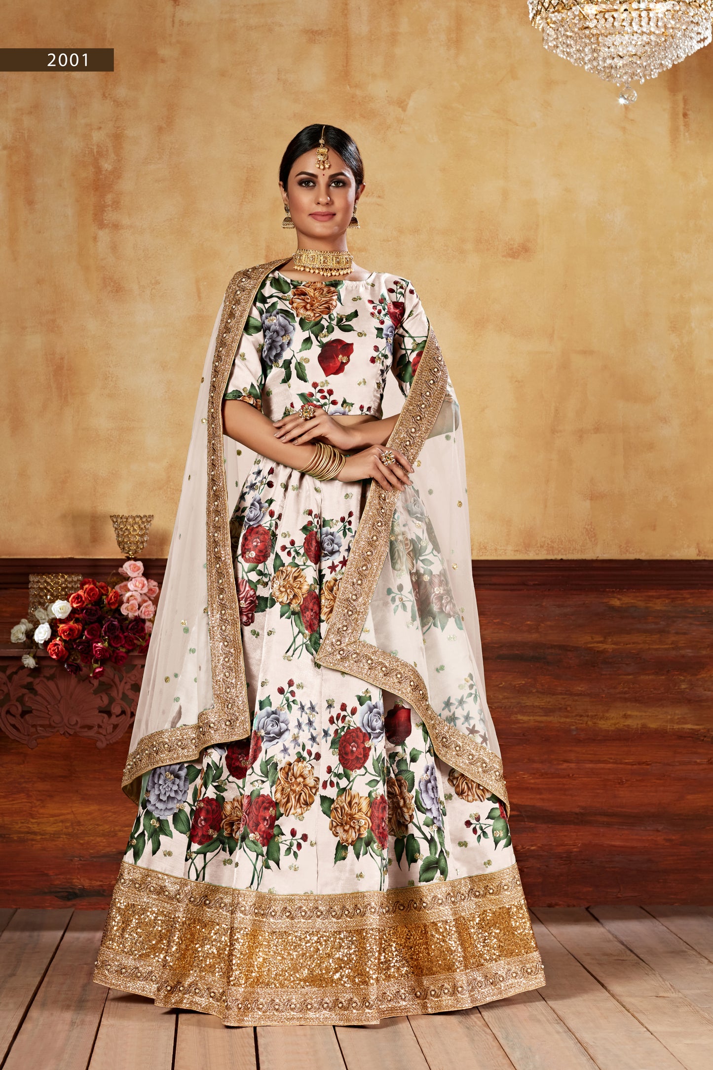 Designer Cream Floral Art Silk Lehenga Choli with Sequin & Pearl Work