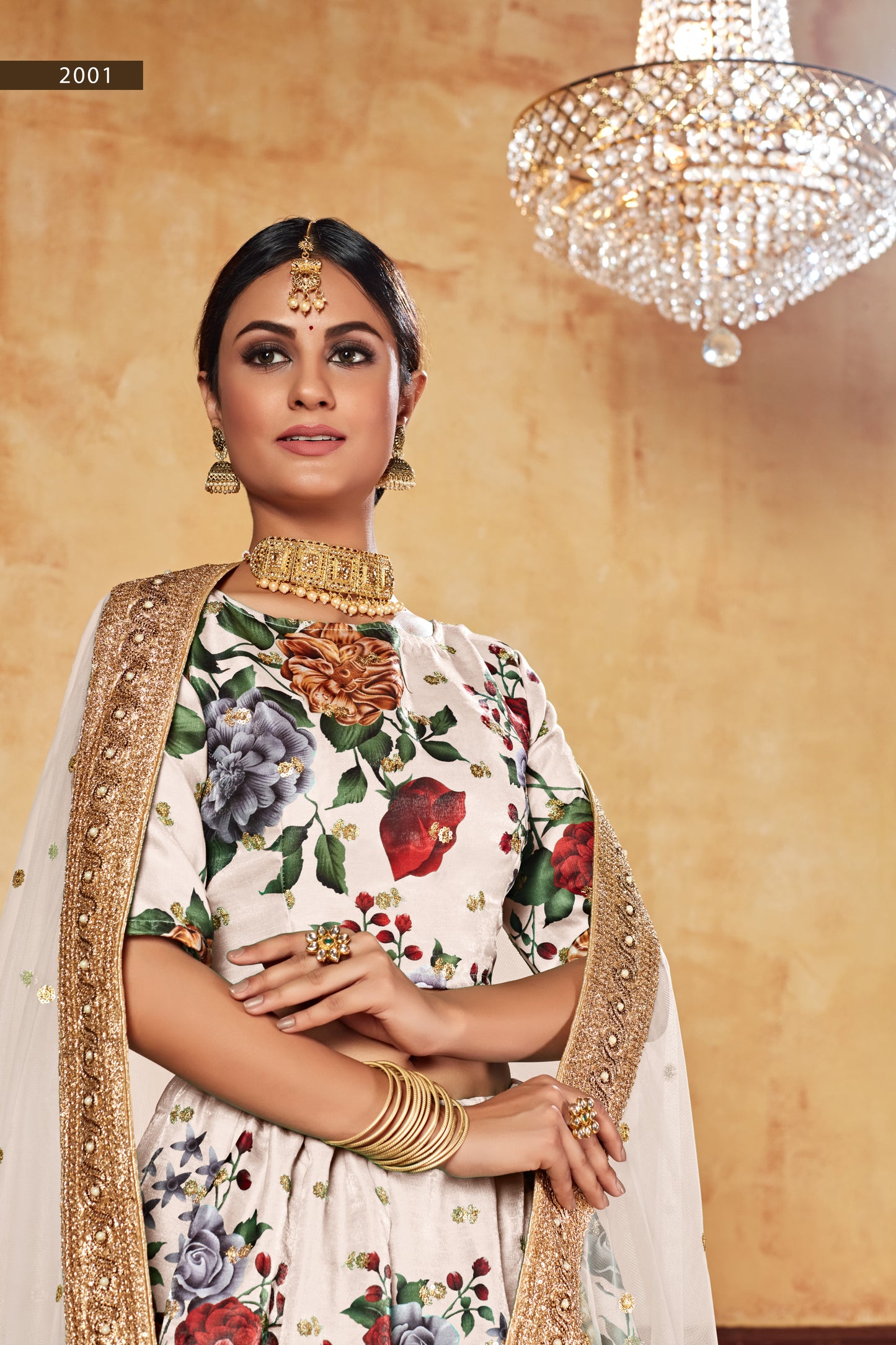 Designer Cream Floral Art Silk Lehenga Choli with Sequin & Pearl Work