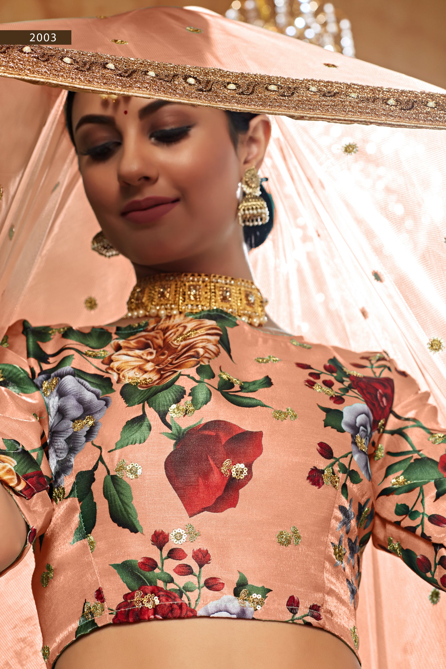 Orange Floral Print Wedding Special Lehenga Choli – Fine Art Silk with Sequins & Pearl Work