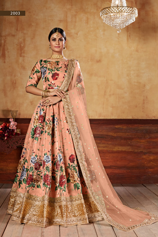 Orange Floral Print Wedding Special Lehenga Choli – Fine Art Silk with Sequins & Pearl Work