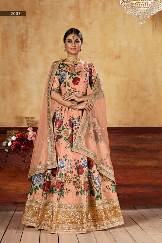 Orange Floral Print Wedding Special Lehenga Choli – Fine Art Silk with Sequins & Pearl Work