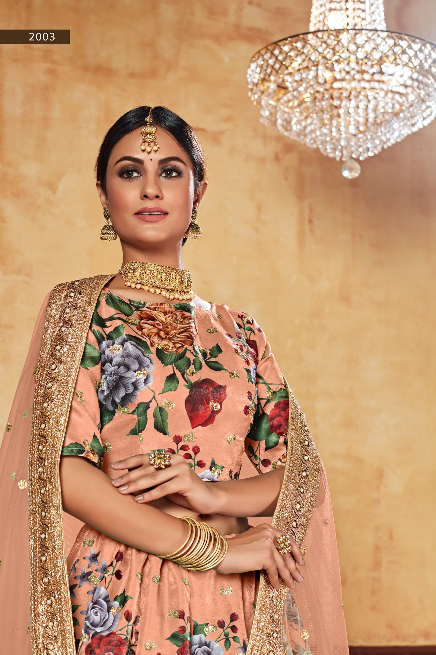 Orange Floral Print Wedding Special Lehenga Choli – Fine Art Silk with Sequins & Pearl Work