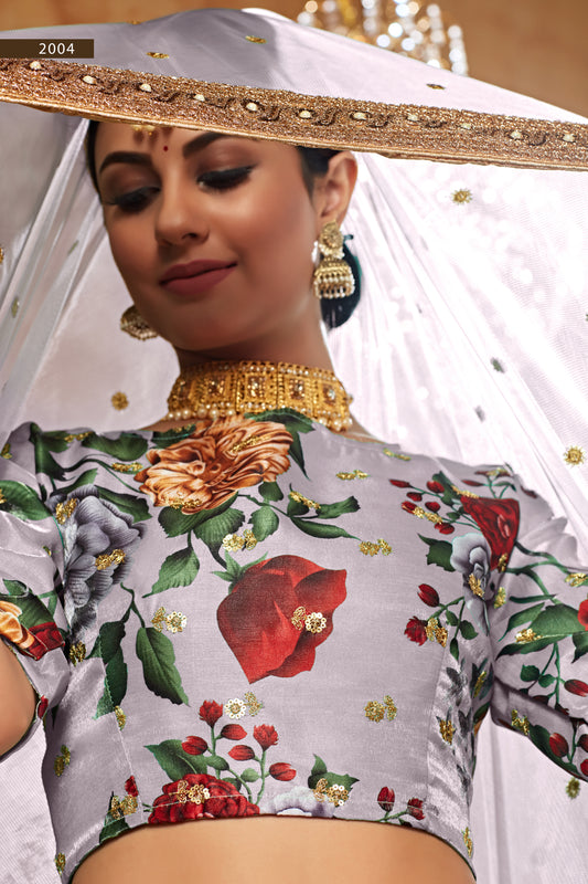 Grey Wedding Wear Floral Printed Designer Lehenga Choli Set