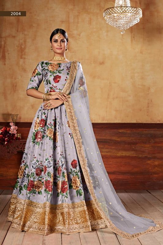 Grey Wedding Wear Floral Printed Designer Lehenga Choli Set