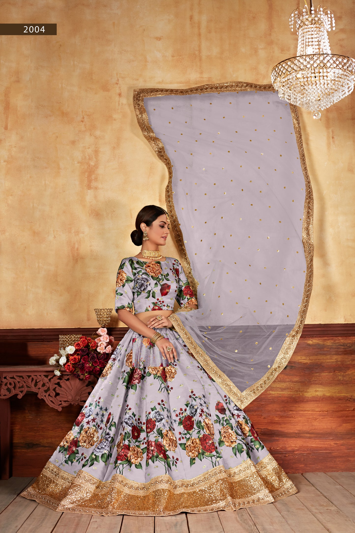 Grey Wedding Wear Floral Printed Designer Lehenga Choli Set