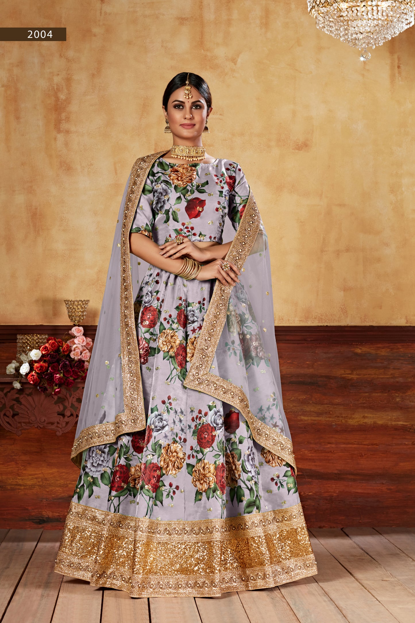 Grey Wedding Wear Floral Printed Designer Lehenga Choli Set