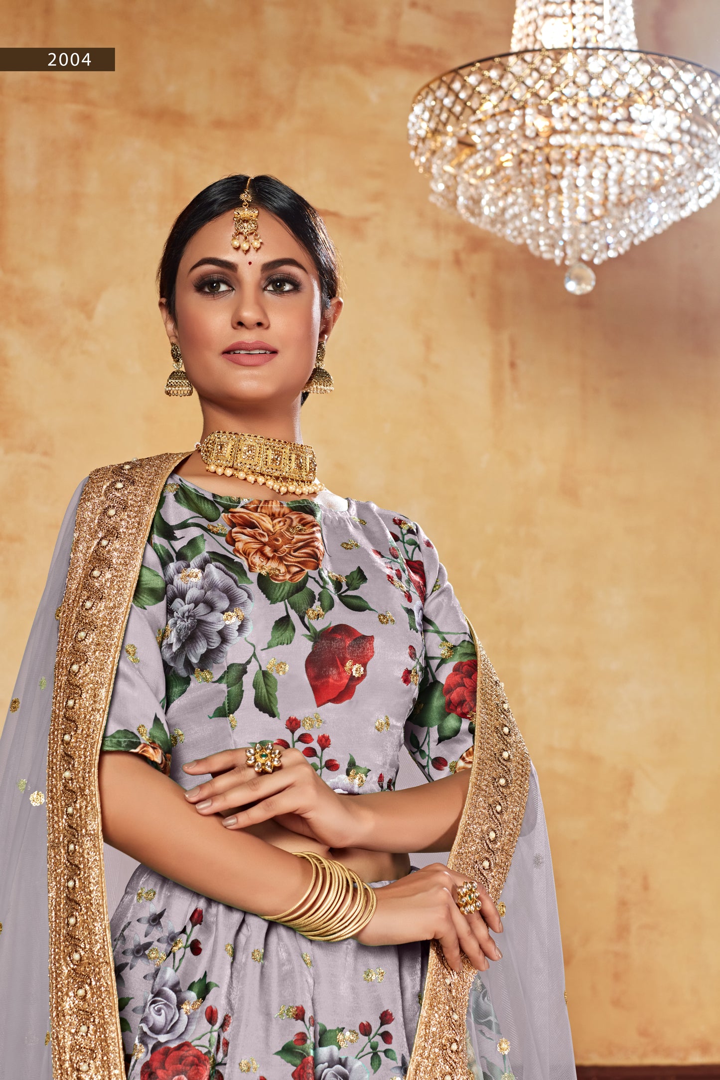 Grey Wedding Wear Floral Printed Designer Lehenga Choli Set