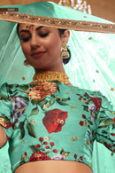 Designer Green Floral Printed Silk Lehenga Choli with Sequins & Pearl Work Dupatta