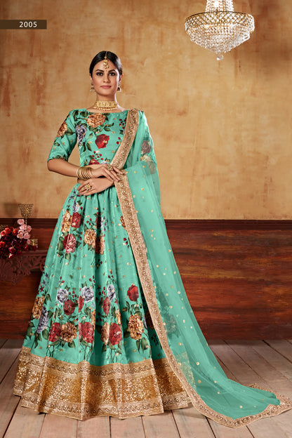 Designer Green Floral Printed Silk Lehenga Choli with Sequins & Pearl Work Dupatta