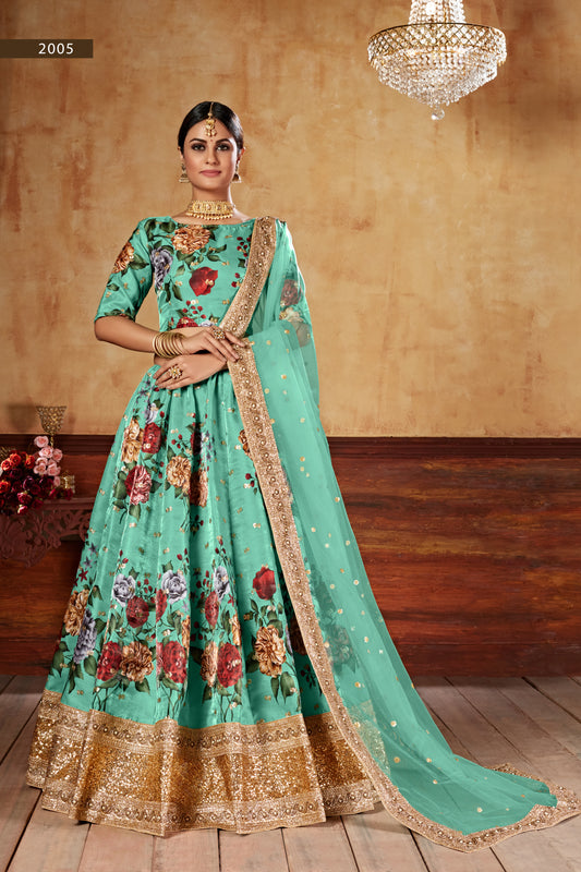 Designer Green Floral Printed Silk Lehenga Choli with Sequins & Pearl Work Dupatta