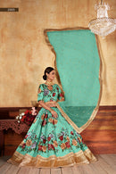 Designer Green Floral Printed Silk Lehenga Choli with Sequins & Pearl Work Dupatta