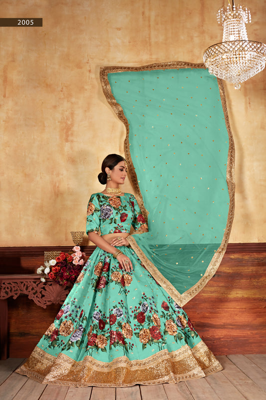 Designer Green Floral Printed Silk Lehenga Choli with Sequins & Pearl Work Dupatta