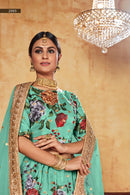 Designer Green Floral Printed Silk Lehenga Choli with Sequins & Pearl Work Dupatta