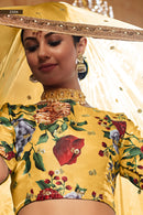 Yellow Floral Printed Silk Lehenga Choli with Embroidered Dupatta