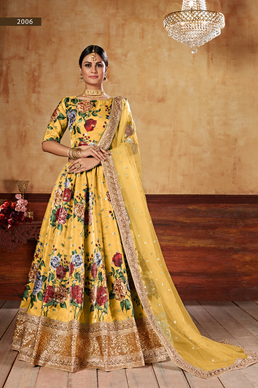 Yellow Floral Printed Silk Lehenga Choli with Embroidered Dupatta